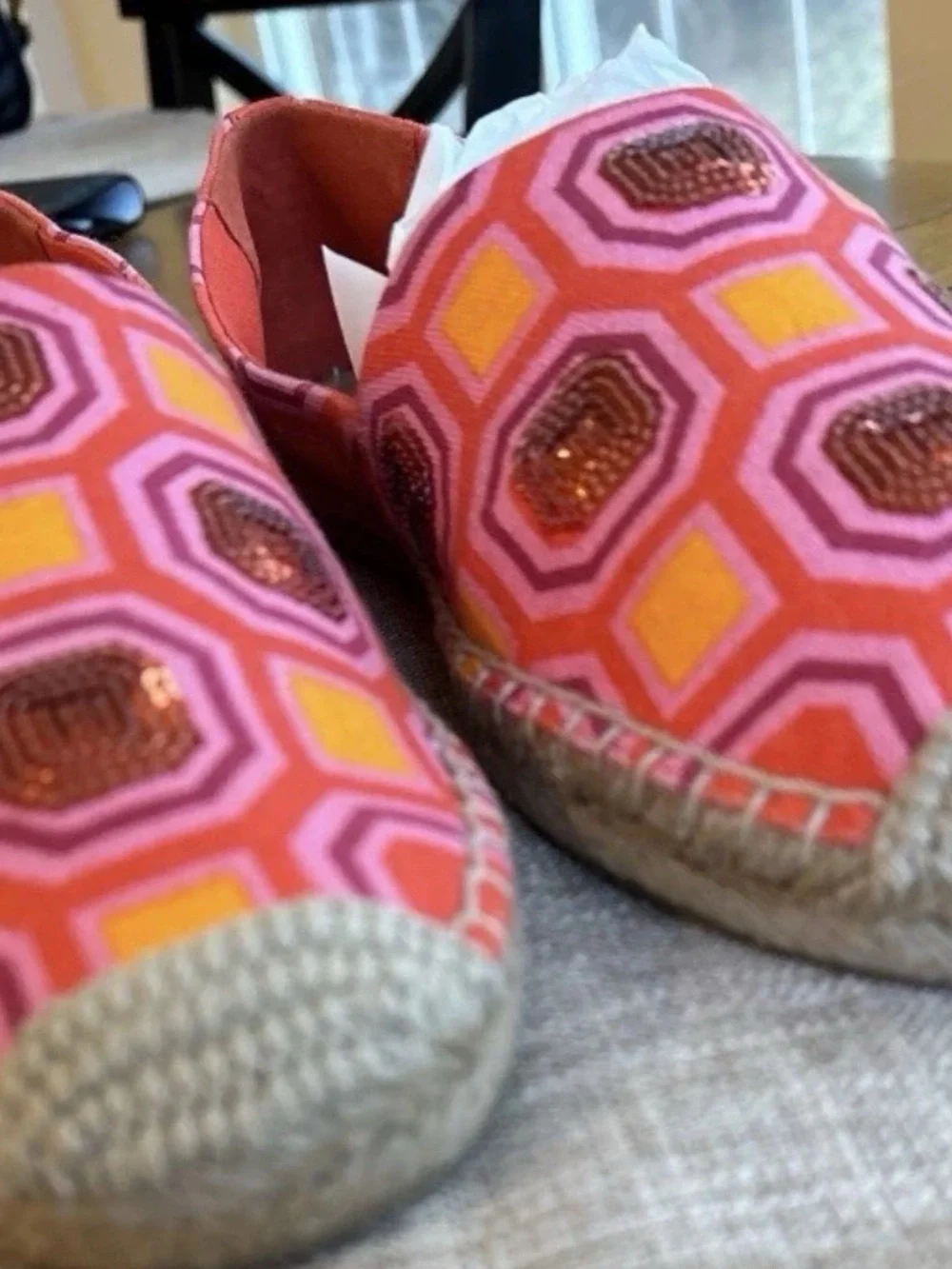 Tory Burch Coral and Pink Geometric Sequin Espadrille Slip-On